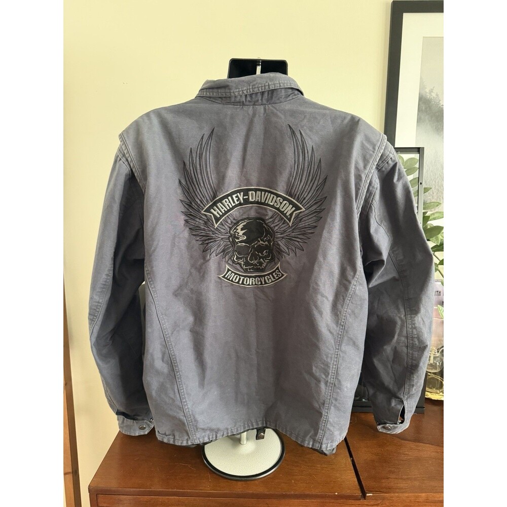 Harley Davidson Bomber Jacket Mens L Skull Wings Embroidered Gray Motorcycle Y2K